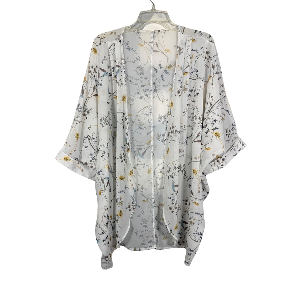 Kimono Cardigan, Sheer Lightweight White Floral Open Front Cardigan, Size Large